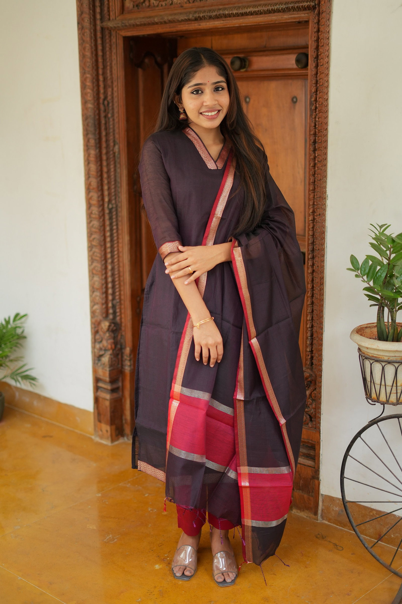 Mridula -  Black Maheshwari Silk 3 Pcs Set