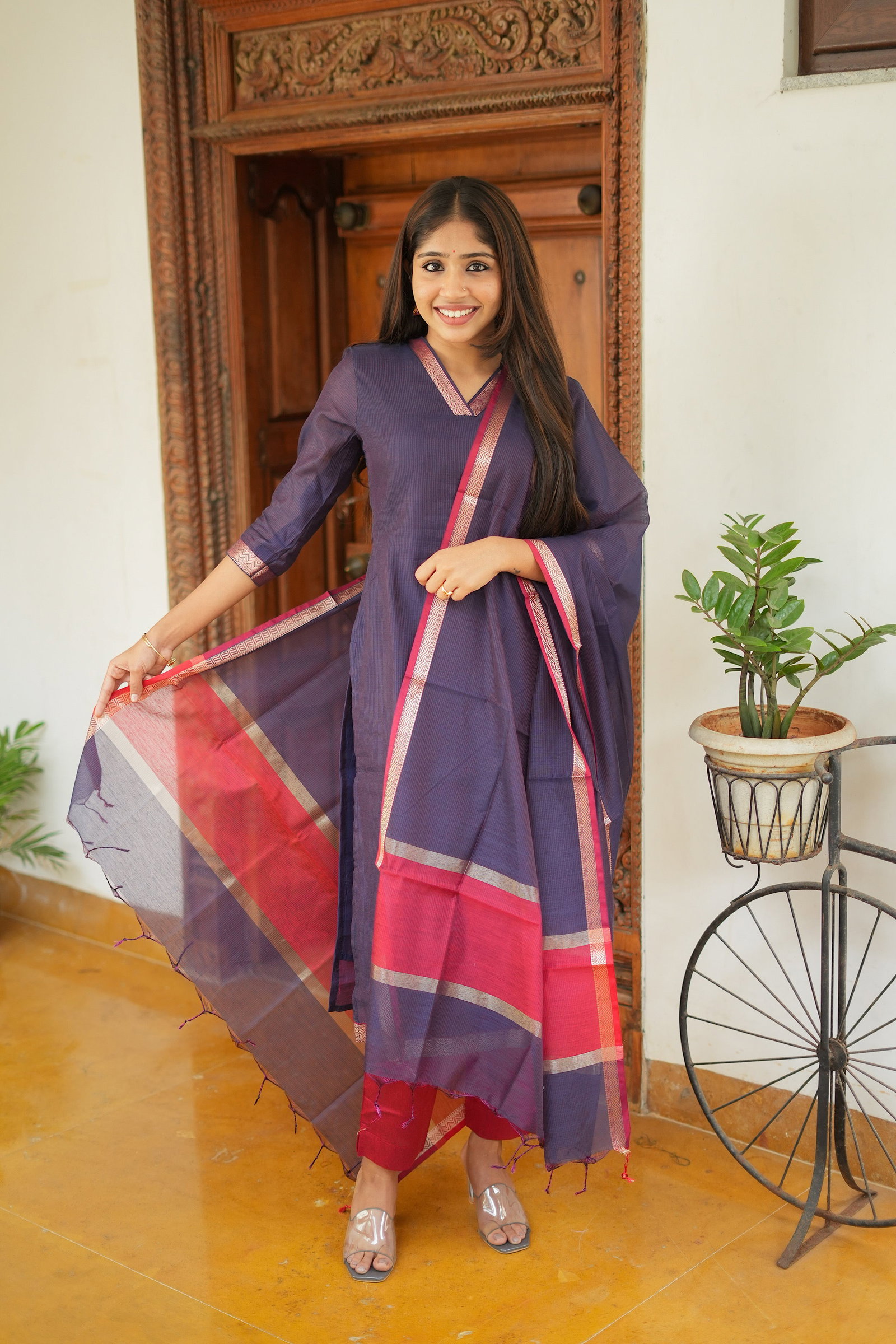 Mridula -  Indigo Maheshwari Silk 3 Pcs Set